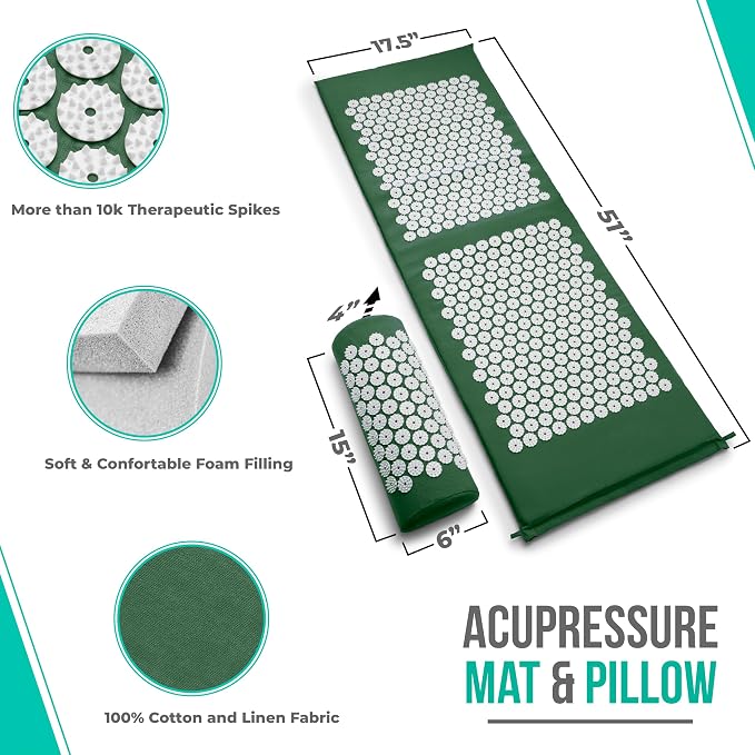 Sivan Health and Fitness Acupressure Mat and Pillow Set - Grounding Mat for Stress, Back & Neck Pain - Acupuncture Point Massage Mat for Muscle Relaxation, Sciatica, & Meditation - Includes Carry Bag