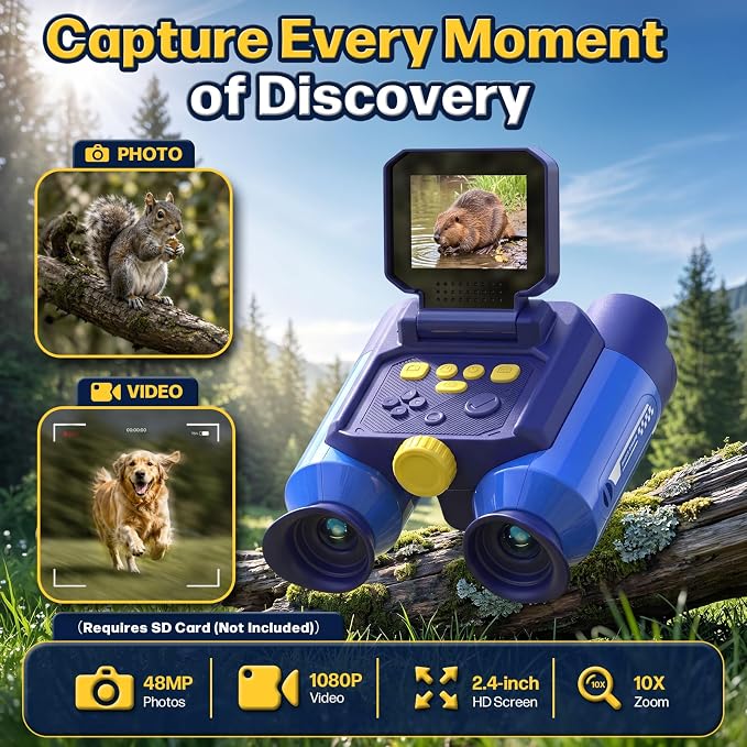 Binoculars for Kids with Night Vision,48MP Photo & 1080P Video(Blue) | 10X Optical Zoom Digital Binoculars with 2.4" IPS Screen, 20 Built-in Games, STEM Outdoor Toys Gift for Boys Girls Age 4-12