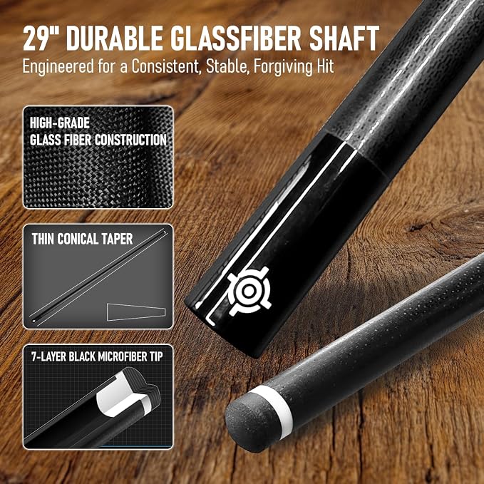 Series, Glass Fiber Pool Cue Stick, Uni-QR, 3/8-10, 5/16-18 Joint, Synthetic Leather Grip, 29" Glassfiber Shaft, 7-Layer Microfiber Tip