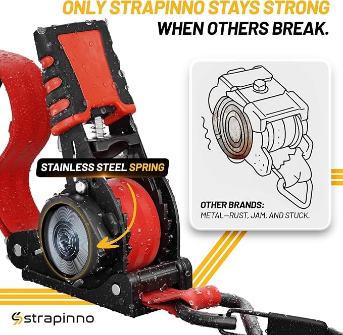 Strapinno Retractable Ratchet Straps (4-Pack), 1 in x 10 ft, 1,500LBS Break Strength, Most Durable Straps and Core, Auto Self Retracting Tie Downs for Truck, Moving, Motorcycle, Bike, Jetski, Kayak