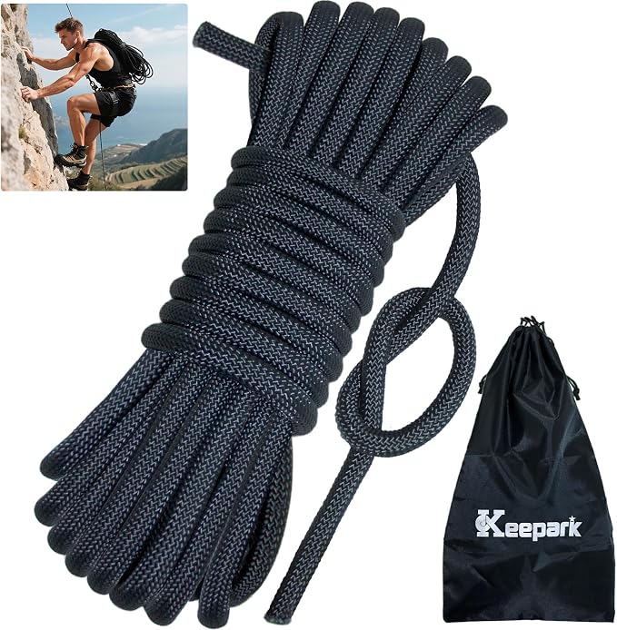 10.5mm Static Climbing Rope - 32FT Rock Climbing Rope for Adults & Kids, Outdoor Heavy Duty Rappelling Ropes for Fire Rescue, Escape, Ice Climbing, Parachute, Caving - Black