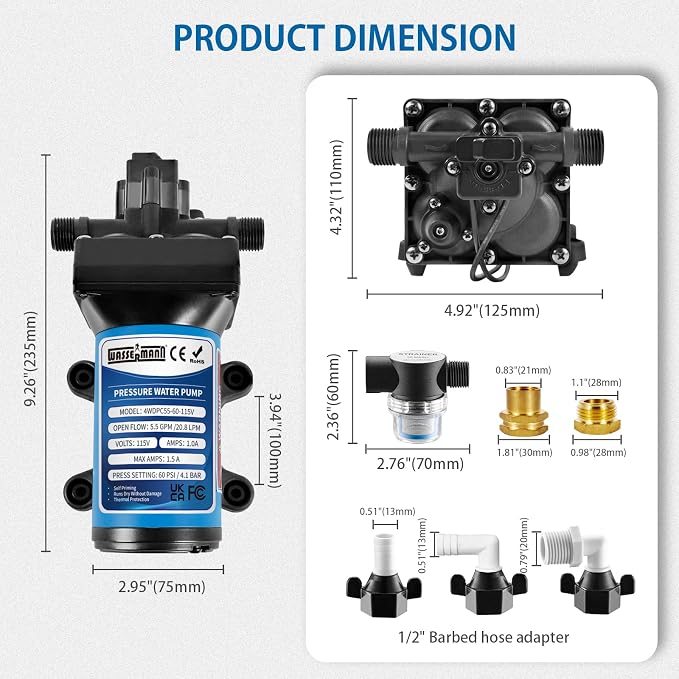 WASSERMANN Water Pressure Pump 115 Volt AC 5.5GPM 60PSI,Water Pump Self Priming Diaphragm Pump with Pressure Switch for Kitchen Bathroom Marine Yacht Garden