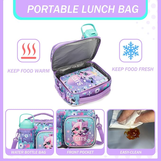 Lunch Box Kids Bento Box for Girls with Ice Pack,Lunch Bag,Stainless Steel Water Bottle Set Utensils Set Food Container for School Cat Girls Lunch Boxes Kids Back to School Supplies