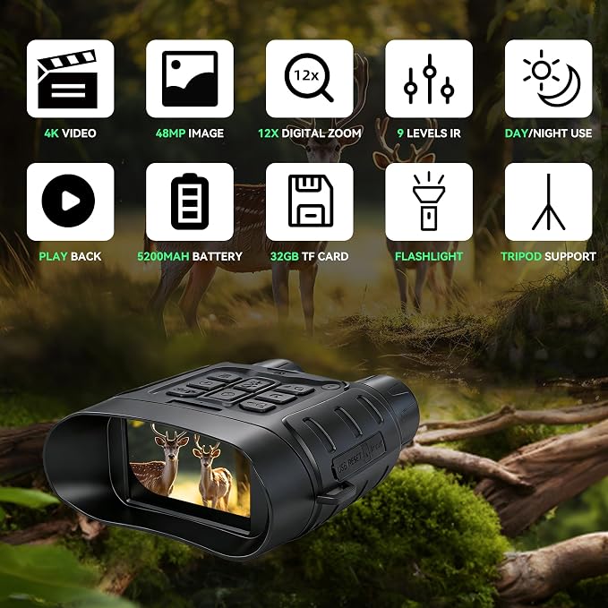 Night Vision Goggles for Adults Hunting, 4K Infrared Night Vision Binoculars,Digital Night Vision Device with 5200mAh Battery 12X Zoom and 32GB TF Card, Hunting Gear Camping Gifts for Men