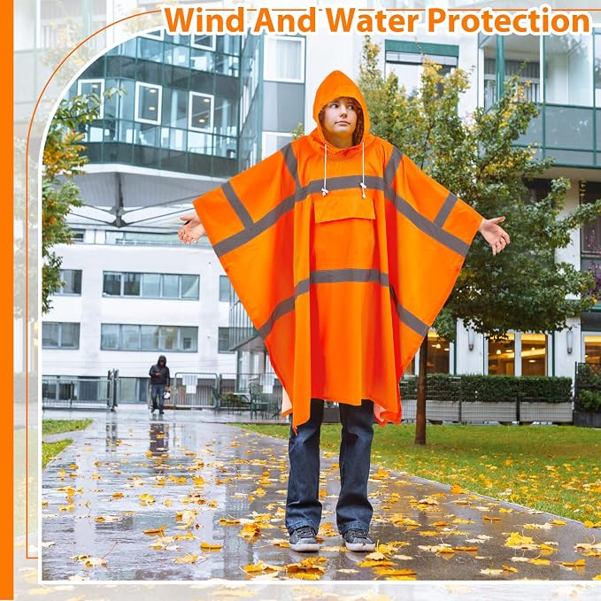 Coume High Visibility Rain Poncho 50x80 in, Waterproof Windproof Reflective PVC Safety Rain Gear with Drawstring Hood & Large Pocket for Construction, Traffic, Camping, Fishing, Outdoor Worker, Orange