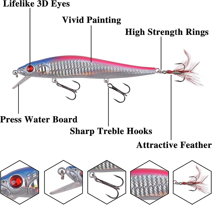 Fishing Lures Kit Crankbait Minnow Hard Bait Set Deep Diving Jerkbait Swimbait Popper Pencil Walleye Lures Artificial Fishing Bait for Bass Trout Redfish Saltwater Freshwater Fishing Lure