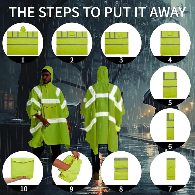 SRsafety Hi Vis Rain Poncho,High Visibility Rain Ponchos for Adults with Pocket,Safety Rain Jacket Stowable Conjoined Cap