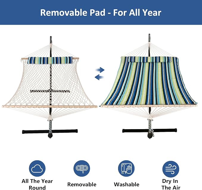 ANOW Heavy Duty Hammock with 12FT Steel Stand Included, Rope Hammock with Detachable Pillow and Pad, 450 LBS Weight Capacity, Green & Blue Stripe