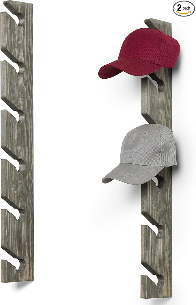 MyGift 2 Pcs Wooden Hat Rack Wall Mounted, Baseball Caps Holder Hanger, Vetical Hat Organizer, 30 Inch, 6x2 Slots, Vintage Gray