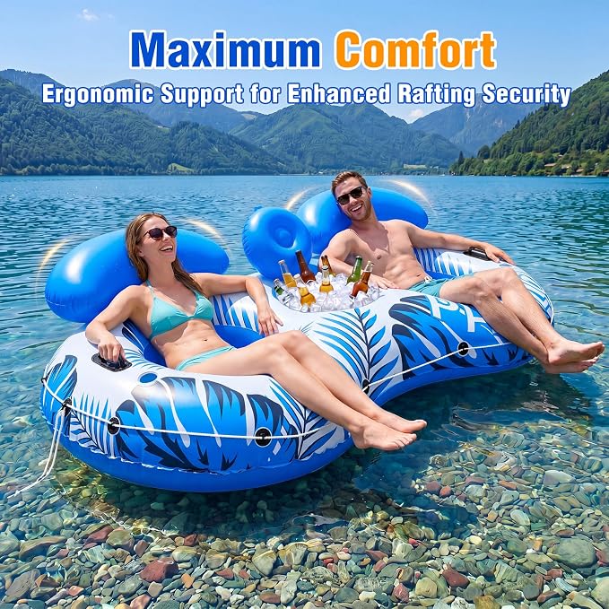 Pool Float Adult,2-Person Large Inflatable River Float, XL River Tubes for Floating Heavy Duty with Mesh Bottom, Comfortable Backrest & 2 Cup Holders & Durable Grab Handles,600 lbs Weight Capacity