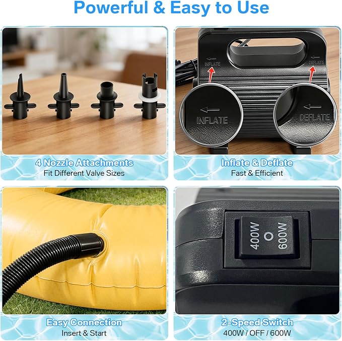 CZGBRO Electric Air Pump for Inflatables Tumble Track Pool Gymnastics Mat Floats Dock Raft, Adjustable 400W/600W Air Mattress Pump Quick Fill Inflator/Deflator 110-120V AC, 4 Nozzles