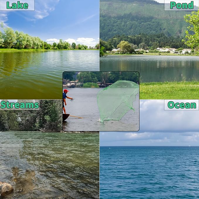 Saltwater Fishing Cast Net Eco-Friendly Rubber Sinker 1/2 Inches Mesh for Bait Shrimp Trap Fish Size 4FT/5FT/6FT/7FT/8FT/9FT/10FT/11FT/12FT Radius