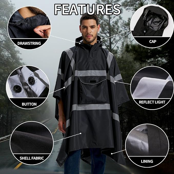 SRsafety Hi Vis Rain Poncho,High Visibility Rain Ponchos for Adults with Pocket,Safety Rain Jacket Stowable Conjoined Cap