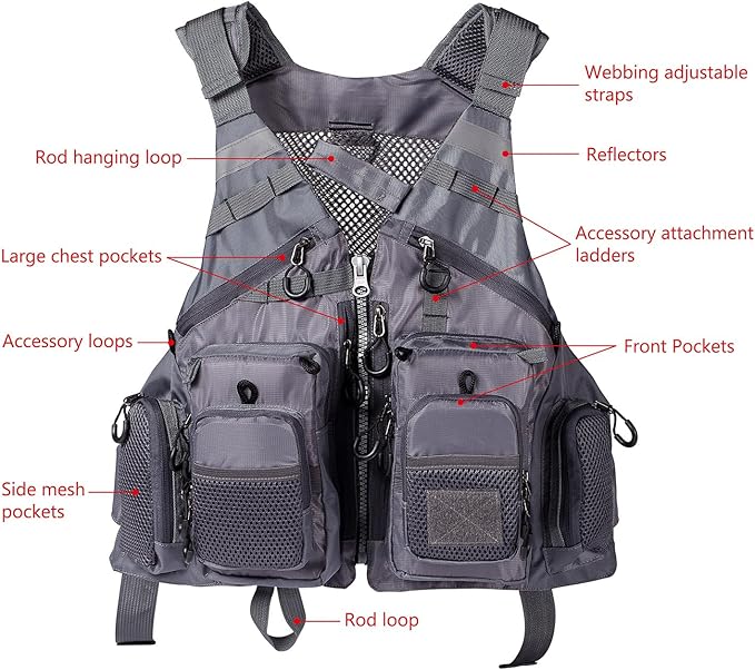 BASSDASH Strap Fishing Vest Adjustable for Men and Women, for Fly Bass Fishing and Outdoor Activities
