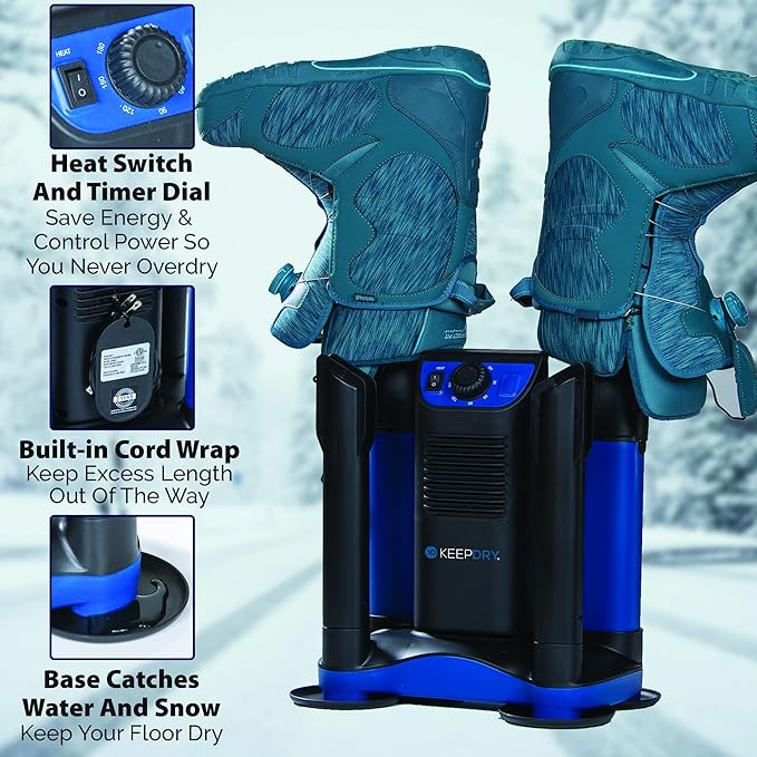 KeepDry Forced Heat Boot Dryer - Heavy Duty Shoe Dryer with Heat Switch & Timer - Quickly Dry Garments - Collapsible Drying Tubes
