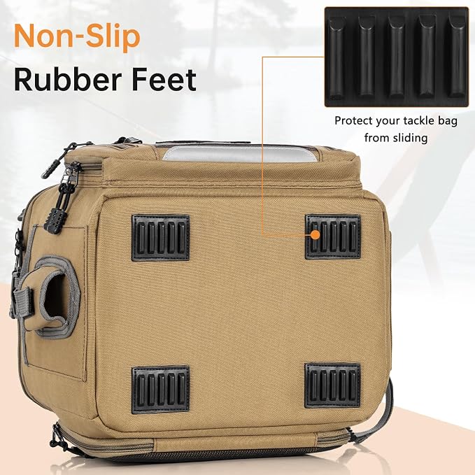 Fishing Tackle Bag - Holds 3400-3600 Size Tackle Boxes (Kahki) | Fit Saltwater & Freshwater & Night Fishing, Reflective Strip Design, Durable Material, Lagre Capacity, Padded Shoulder Strap