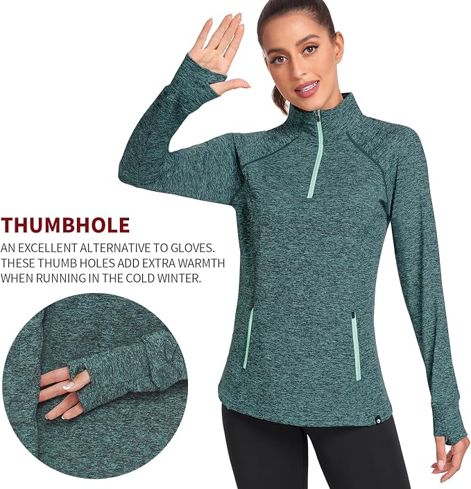 Soneven Women's Thermal Fleece Running Shirts Warm Winter Pullover Cold Weather Workout Hiking Tops with Thumb Holes Pockets
