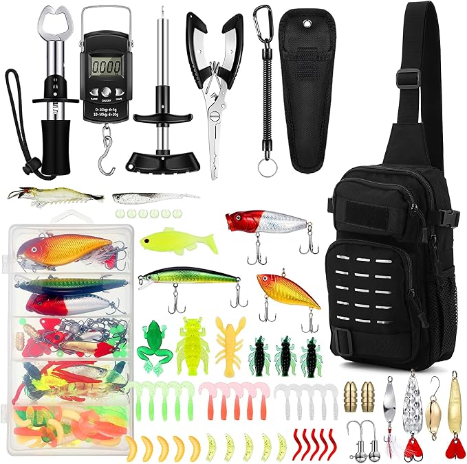 134 Pcs Black Sling Backpack Fishing Kit - All-in-one Tackle Set, Lures, Pliers, Lip Gripper, Scale Fishing Gear and Equipment for Men Adults