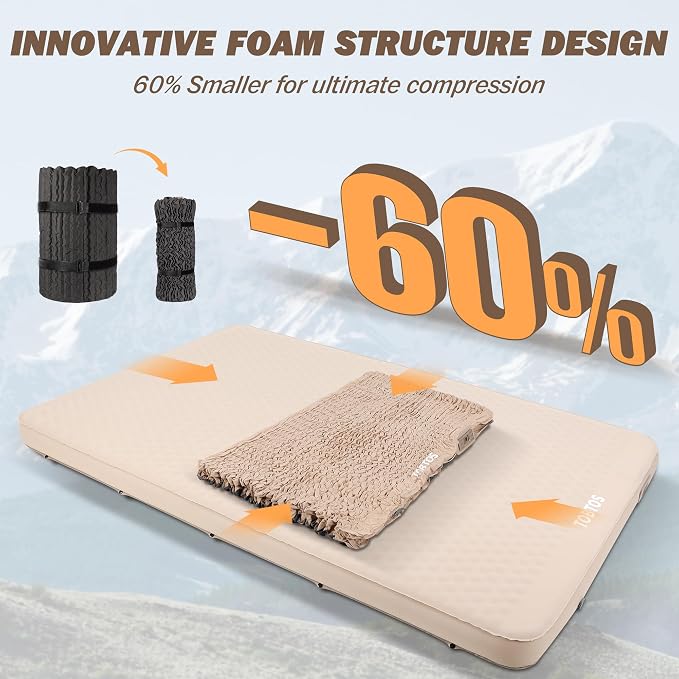 TOBTOS 4" Thick Self Inflating Sleeping Pad with Electric Pump, 150s Inflate Ultra-Compressible Foam Camping Mattress, All-Season Camping Sleeping Pad for Car, Tent - Full Size