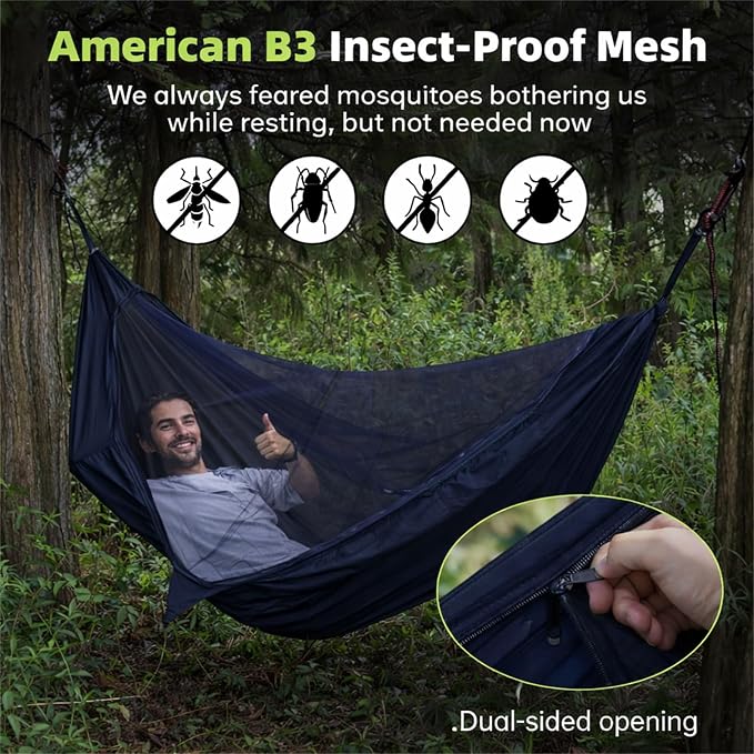 Camping Hammock with Mosquito Net, 2 Person Hammock Bug Net, Portable, Parachute Nylon for Outdoor, Camping, Hiking, Backpacking, Backyard, Beach, Travel (Hold Up to 500lbs) (Midnight Blue)