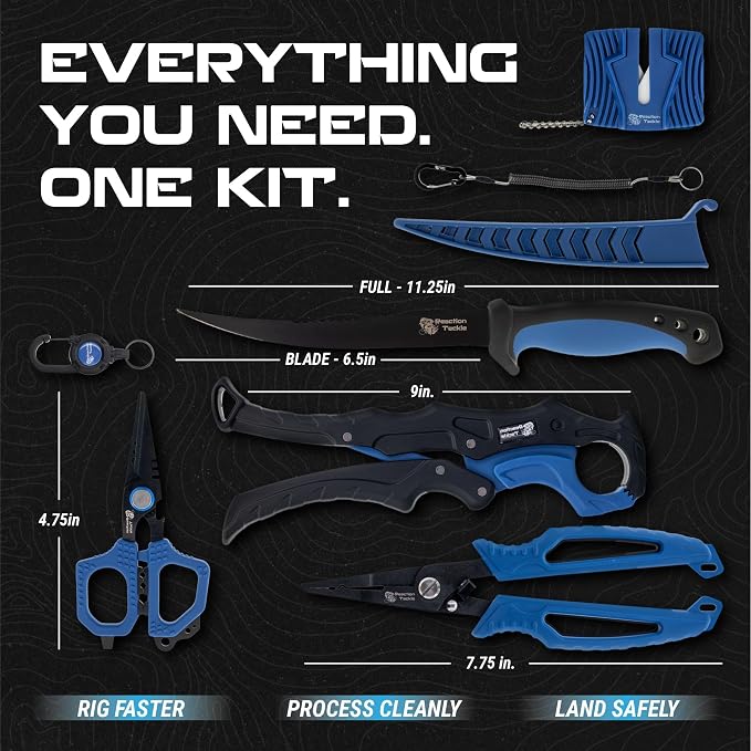 Reaction Tackle 7 Piece Fishing Tool Kit, Fillet Knife and Sharpener, Fishing Pliers, Braid Scissors, Floating Lip Gripper, Hook Remover and Lanyard, Stainless Steel for Saltwater and Freshwater
