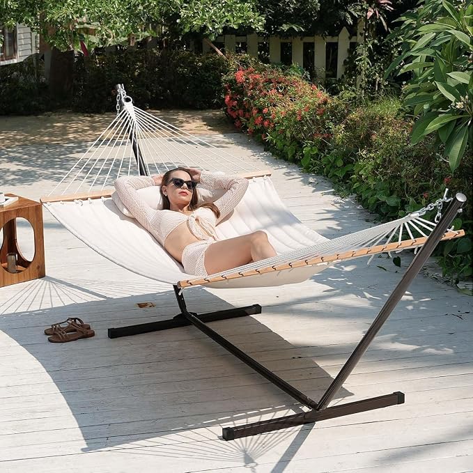 Lazy Daze Hammocks 12 FT Double Quilted Fabric Hammock with Spreader Bar and Detachable Pillow, 2 Person Hammock for Outdoor Patio Backyard Poolside, 450lbs Weight Capacity, Natural