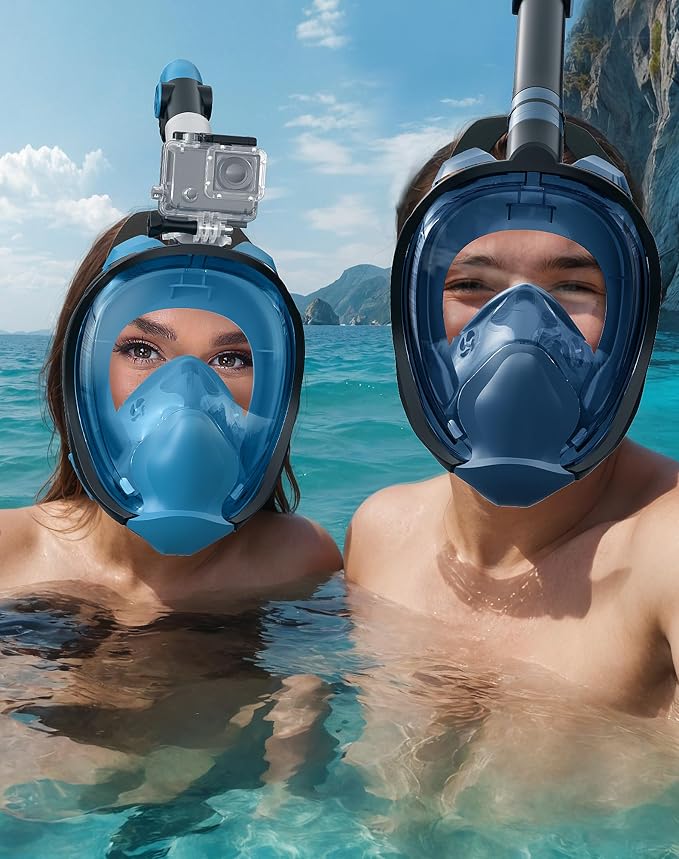 Full Face Snorkel Mask for Adults, 180° Panoramic Anti-Fog Snorkeling Gear with Dry Top System & Camera Mount, Foldable Anti-Leak Design for Travel, Swimming & Ocean Snorkeling