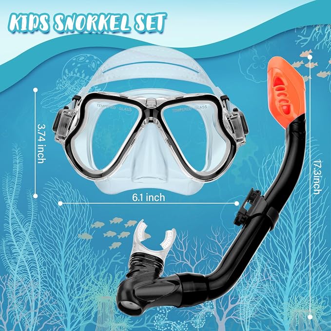 Snorkeling Gear for Kids, 4 in 1 Child Mask Fins Snorkel Set with Panoramic View Anti Fog Mask, Dry Top Snorkel, Trek Fins and Travel Bag, Kids Snorkeling Set with Fins for Snorkeling Swimming