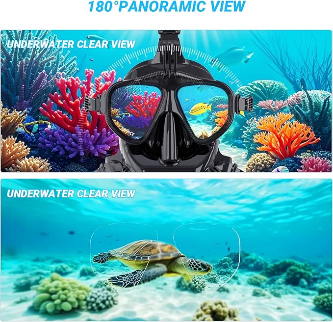Full Face Dive Mask Support Diving & Snorkeling, Full Face Snorkel Mask Adjustable Scuba Mask with Camera Mount Provide 180° View Panoramic Compatiable with SMACO 1L/1.9L Mini Scuba Tanks