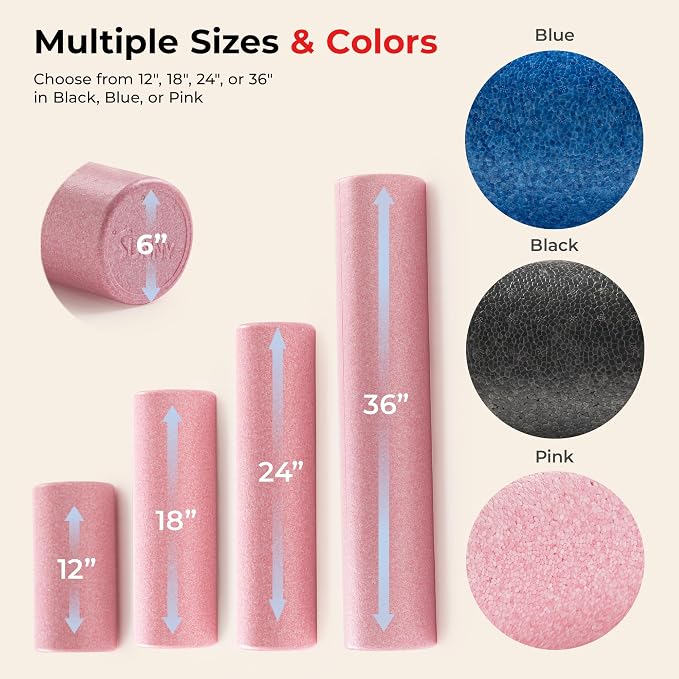 Sunny Health & Fitness High-Density Foam Roller 12" to 36", for Stretching & Muscle Recovery – Black, Blue, Pink