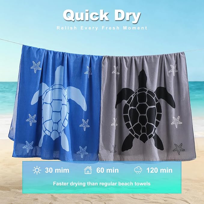 Jessy Home Microfiber 4 Pack Beach Towel Set, 40x70in Oversized Beach Towel, Quick-Dry Sand-Free Highly Absorbent Swim Towel, Soft Pool Towel, Marine Mixed Prints of Starfish & Sea Turtle for Vacation