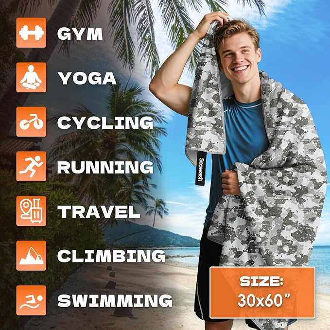 Microfiber Sweat Towel 2 Pack 30" x 60" Gym Towel Camouflage Gray | Lightweight and absorbent microfiber towel with quick-dry, odor-resistant fabric for yoga, travel, camping and beach