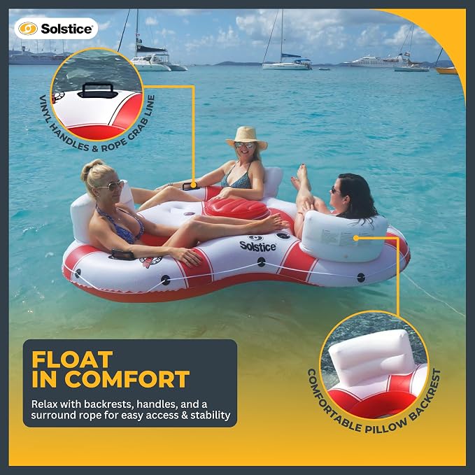 Solstice Super Chill Inflatable River Raft Float Tube 3 Person with Cupholders, Cooler, Mesh Bottom, Backrest, Grab Handles Tie On Rope | for Rivers Lake Ocean Pool Floating Snow Heavy Duty Material