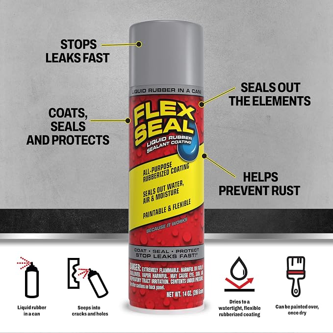 Flex Seal, 14 oz, 1-Pack, Gray, Stop Leaks Instantly, Waterproof Rubber Spray On Sealant Coating, Perfect for Gutters, Wood, RV, Campers, Roof Repair, Skylights, Windows, and More