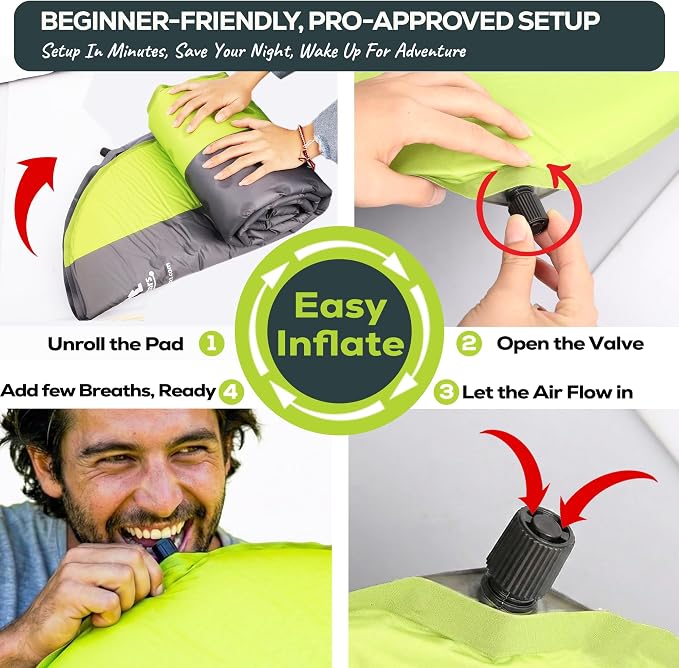 Gear Doctors® Oxylus 4.3 R-Value Insulated Foam Self Inflating Sleeping Pad Camping — Sleeping Pad Backpacking Air Mattress—Camping Mattress Self Inflating Camp Mat 4 Seasons Sleep Mat—Camp/Floor/Tent