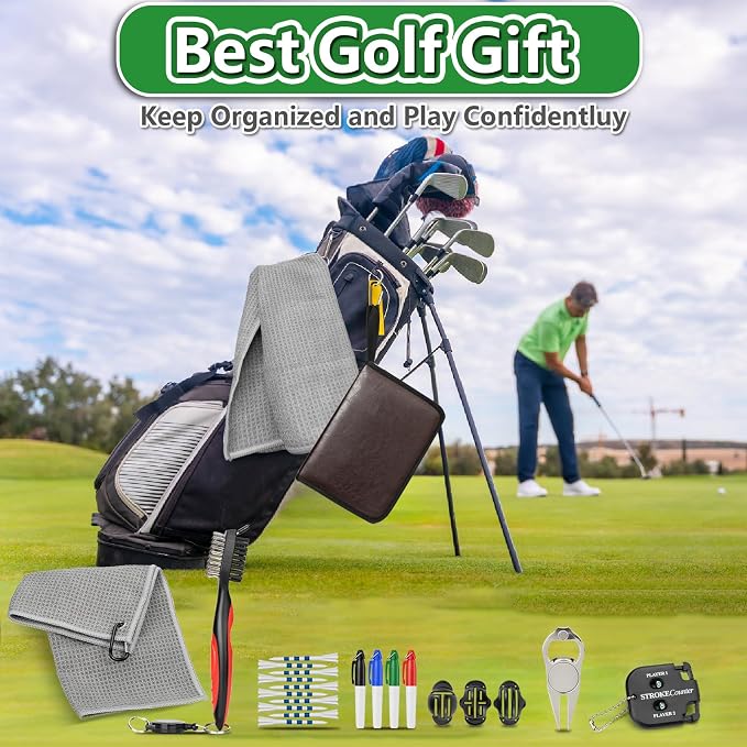 Golf Accessories for Men Women, Golf Gift Stuff with Hi-End Case, Golf Tees, Golfeball Marker, Golfer Towel, Club Brush, Divot Repair Tool, Stroke Counter and Marker Pens for Any Golf Fan, Souvenir