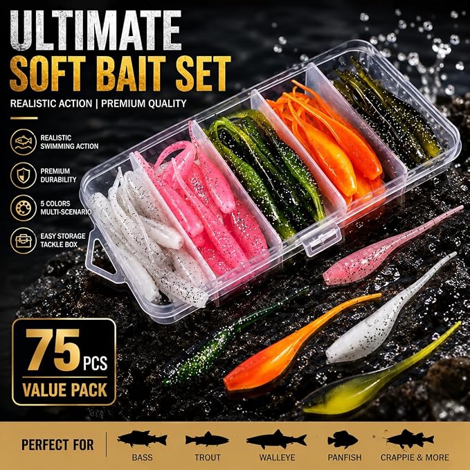 Crappie Fishing Lures Kit, 75/128/144Pcs Tube Lures Jigs Soft Plastic Baits | Includes Tube Lures, Jig Heads, Grub Worms & Swimbaits with Tackle Box for Bass, Trout, Freshwater & Saltwater Fishing