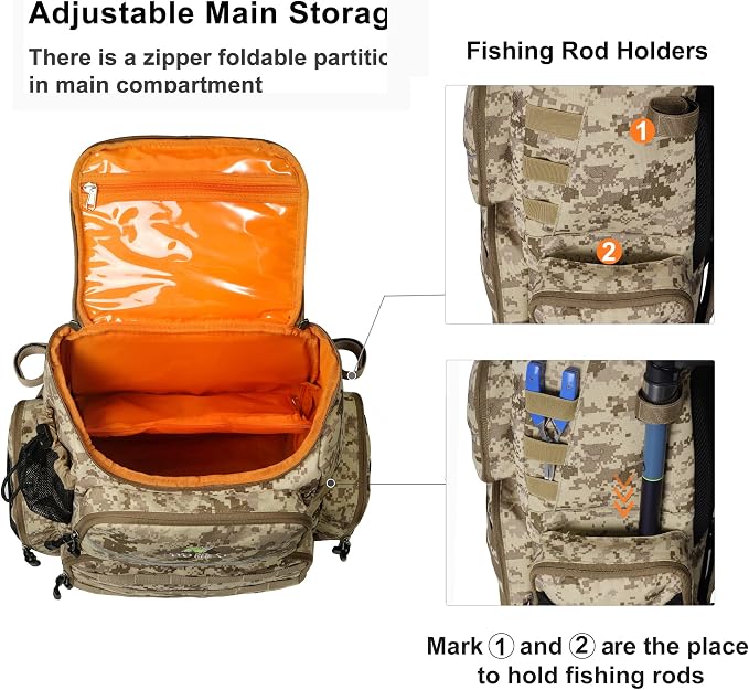 N NEVO RHINO Fishing Tackle Backpack with Rod Holders, 40L Large Fishing Bag with Waterproof Rain Cover,Outdoor Tackle Bag
