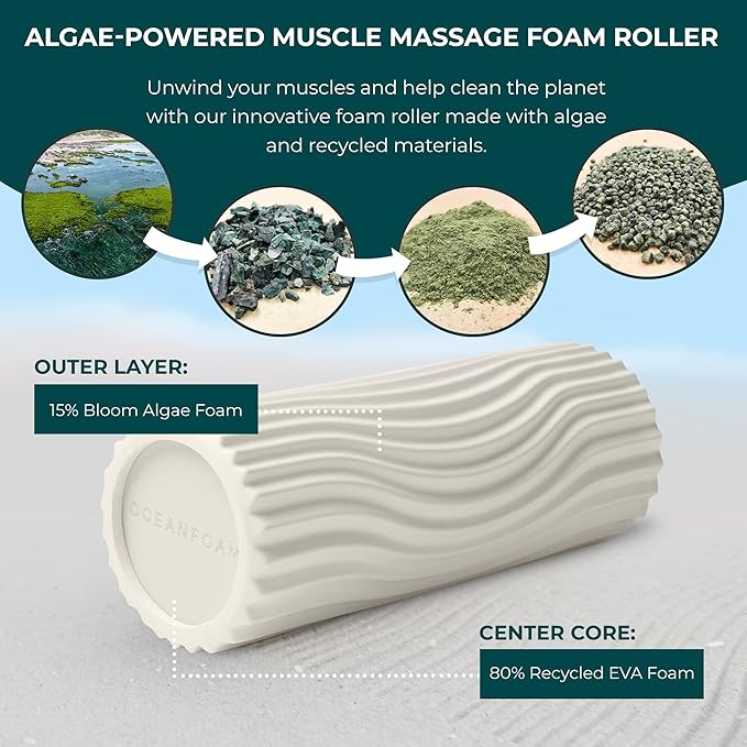 Oceanfoam Sweet Spot Medium Exercise Foam Roller 14"x5.5" – Medium Density Travel Foam Roller for Physical Therapy, Deep Tissue Massage, Yoga, Pilates, Classic Exclusive Wave Texture (Natural)