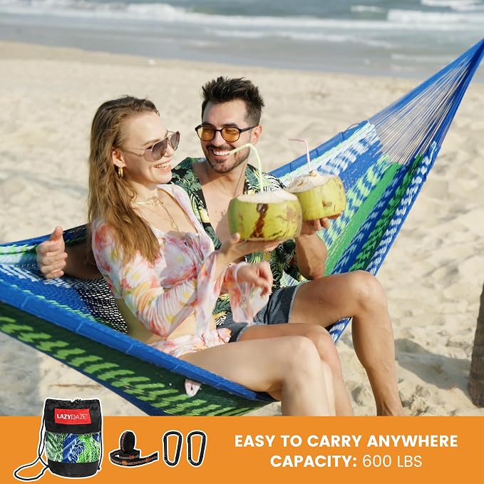 Lazy Daze Hammocks Handwoven XL Mayan Hammock, 10.5 FT Soft Rope Double Hammocks, Portable Outdoor Hammock with Carry Bag, 2 Straps & Carabiners for Patio Outside, 550 lbs Weight Capacity, Blue/Green