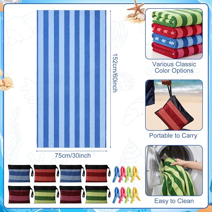 Gilprop 8 Packs Oversized Stripe Beach Towels XL L Microfiber Clearance Pool Towels with Bags Clips Soft Absorbent Quick Dry Camping Swim Towel for Adult Women Men Travel Family (60×30 in,Multicolor)