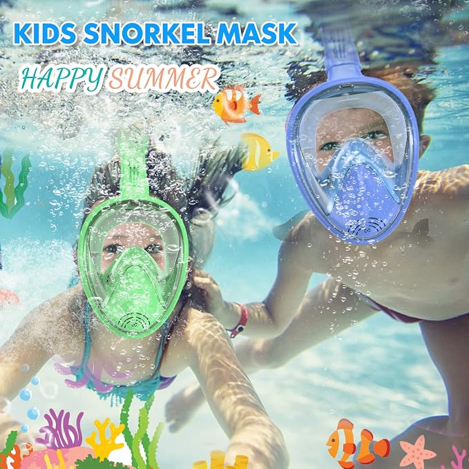 Kids Snorkel Mask Full Face, Snorkeling Gear for Kids with Camera Mount, 180 Degree Panoramic View Snorkeling Set Anti-Fog Anti-Leak