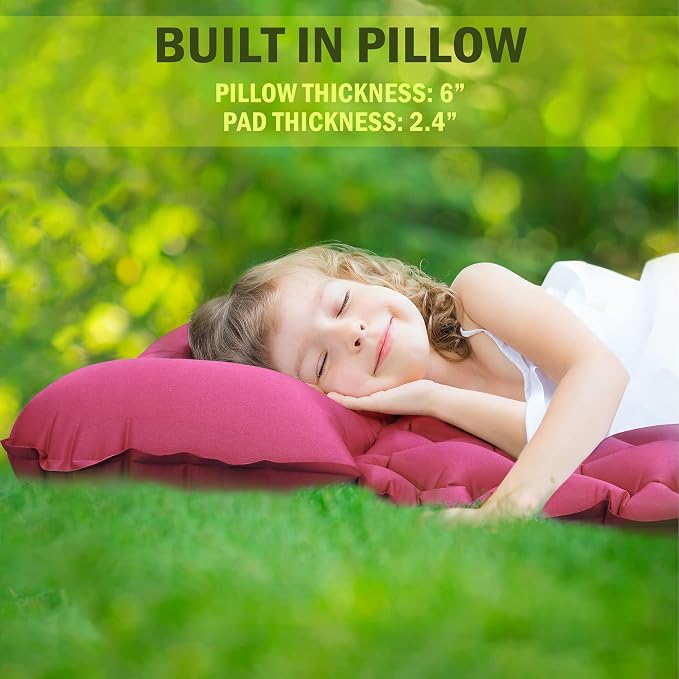 Kids Sleeping Pad for Camping and Sleepovers with Pillow, Inflatable Camping Mattress for Backpacking & Travel, Thick Toddler Cot Mat, Fast Inflating Camping Sleeping Pads for Kids