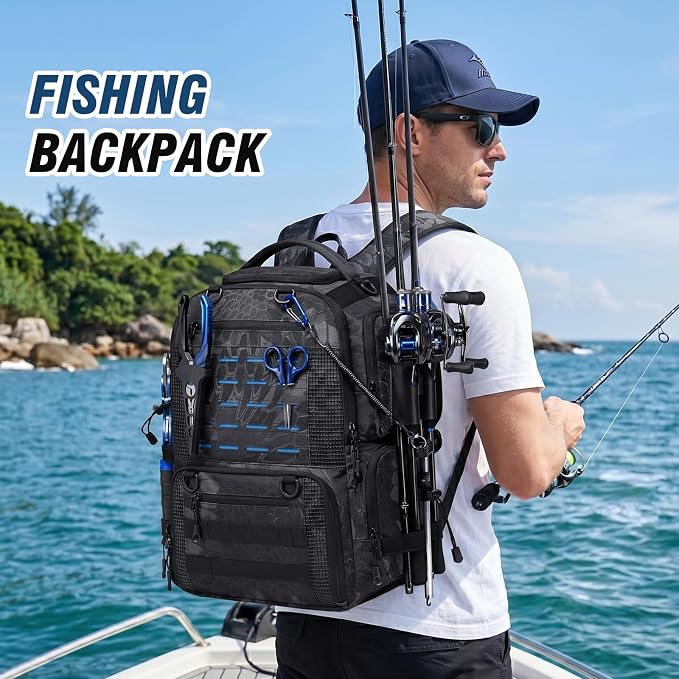 Fishing Tactical Backpack with 2 Rod Holders, Waterproof Tackle Bag with Bottle Holder,50L Large Storage Bag for Fishing Gear and Equipment, Black Camo