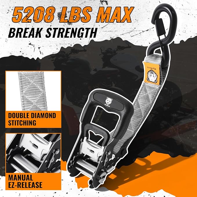 2 Pack Ratchet Straps,Heavy Duty Powersports Tie Downs Load Straps,5208lbs Break Strength 1.5in x 8ft with Safety S Hooks and Soft Loops for Motorcycle Truck Cargo Roof Rack,Break Strength, Grey