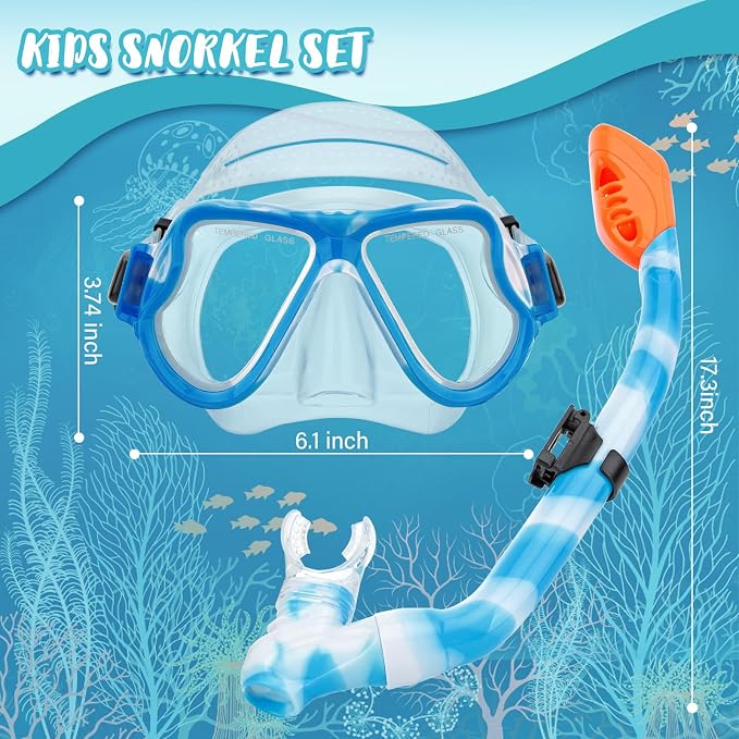 Snorkeling Gear for Kids, 4 in 1 Child Mask Fins Snorkel Set with Panoramic View Anti Fog Mask, Dry Top Snorkel, Trek Fins and Travel Bag, Kids Snorkeling Set with Fins for Snorkeling Swimming