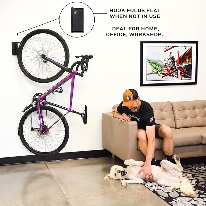 FEEDBACK SPORTS | Velo Hinge 2.0 (Single) Pivoting Swivel Bike Wall Mount | Vertical Bicycle Hanger | Garage Fold Away Bike Hook | Road, Gravel, Mountain Bike Compatible