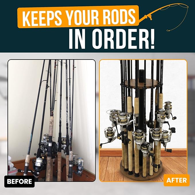 Rush Creek Creations 16 Rod Fishing Pole Holder - Round Floor Mount Rack with Clips for Garage Organization, Dark Walnut Wood