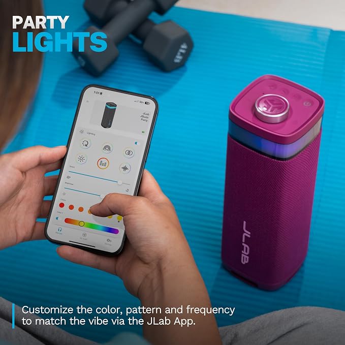 JLab, JBuds Party, Portable Bluetooth Speaker, Waterproof Outdoor Speaker, RGB Lighting, Multi-Speaker Connect, Mulberry