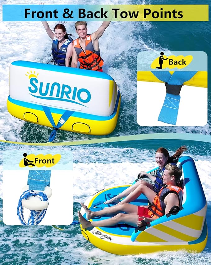2025 Upgrade Towable Tubes for Boating 1-3 Riders Inflatable Water Sport Towable Tube for Boat Heavy Duty Nylon Cover with Zipper Bolster Fins Safety Air Valve Padded Handle